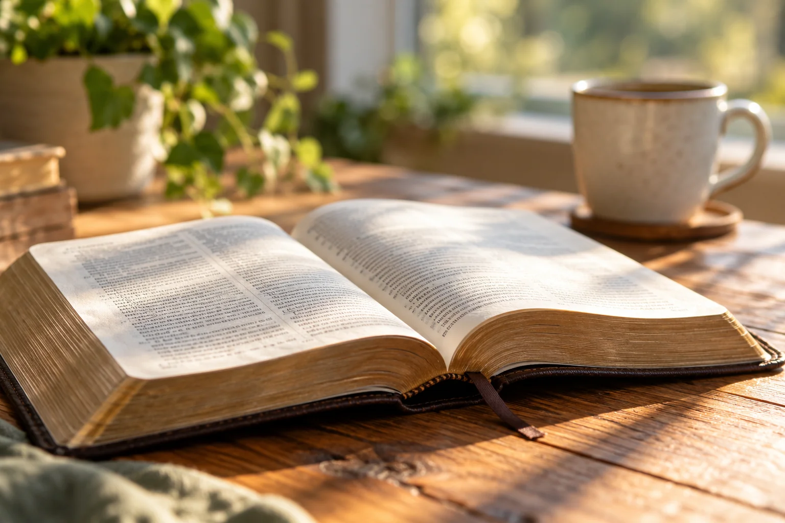 Illustrative image of an open Bible in warm morning light