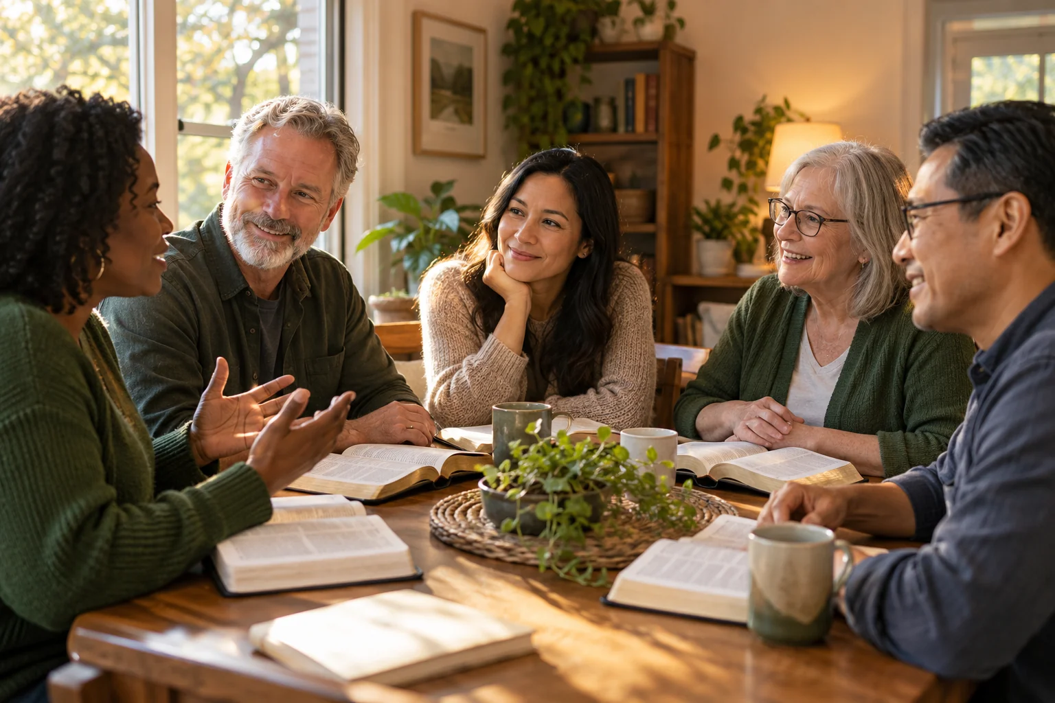 Illustrative scene of adults sharing a home Bible study